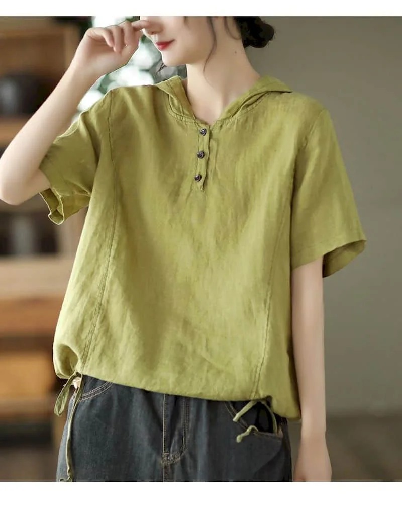 Cotton Linen T Shirts Women Vintage Hooded T-shirt Casual Loose Drawstring Swing Short Sleeve Tops Summer Trend Thin Tshirt Y2k