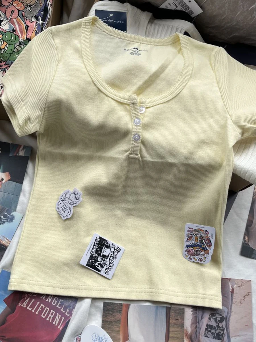 Three Buttons Creamy Yellow Cute T-Shirts Women 2023 Summer O-Neck Soft Cotton Short Sleeve Slim Tees Y2k Sweet Girl Crop Tops
