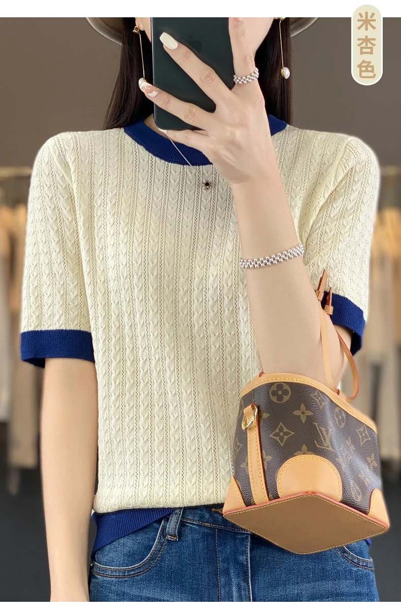 Summer New Women Cool Silk Short-sleeved Tees O-Neck Fashion Color Matching Twists T-shirt Loose Half-sleeved All-match Top