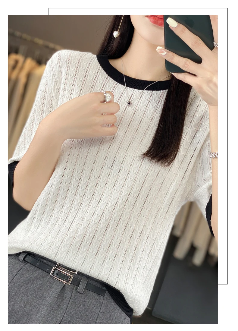 Summer New Women Cool Silk Short-sleeved Tees O-Neck Fashion Color Matching Twists T-shirt Loose Half-sleeved All-match Top