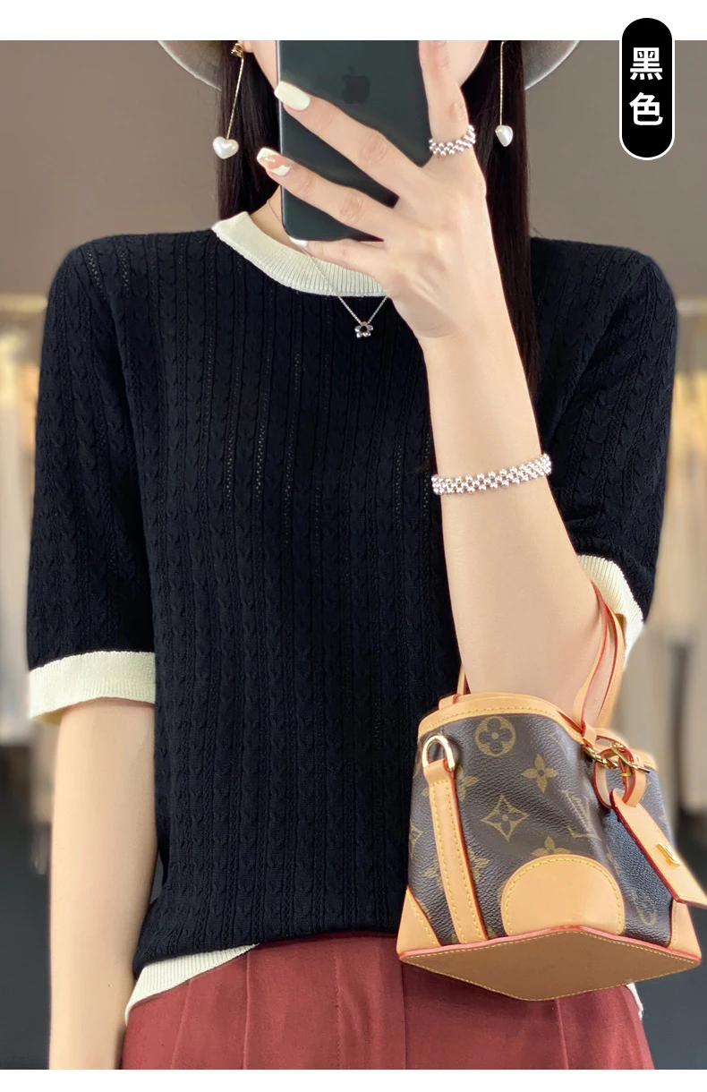 Summer New Women Cool Silk Short-sleeved Tees O-Neck Fashion Color Matching Twists T-shirt Loose Half-sleeved All-match Top