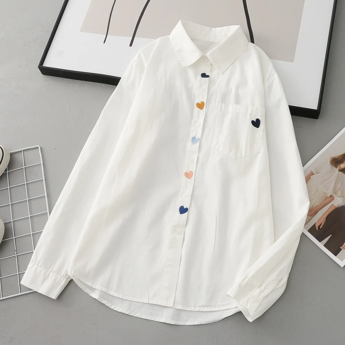 Autumn New Women Cotton White Shirts Heart Embroidered Full Sleeve Turn Down Collar Loose Blouse Casual Tops Spring T36310JC
