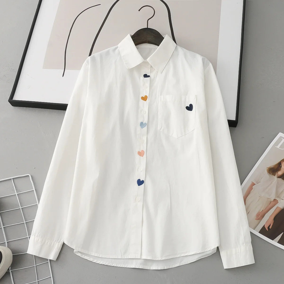 Autumn New Women Cotton White Shirts Heart Embroidered Full Sleeve Turn Down Collar Loose Blouse Casual Tops Spring T36310JC