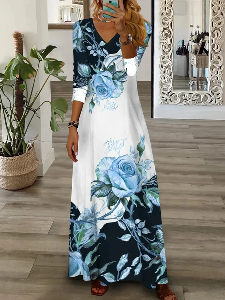 Party Dress Women Spring Summer V-Neck Long Sleeve Elegant Fashion Printing Loungewear Ladies Maxi Dress Streetwear Dropshipping