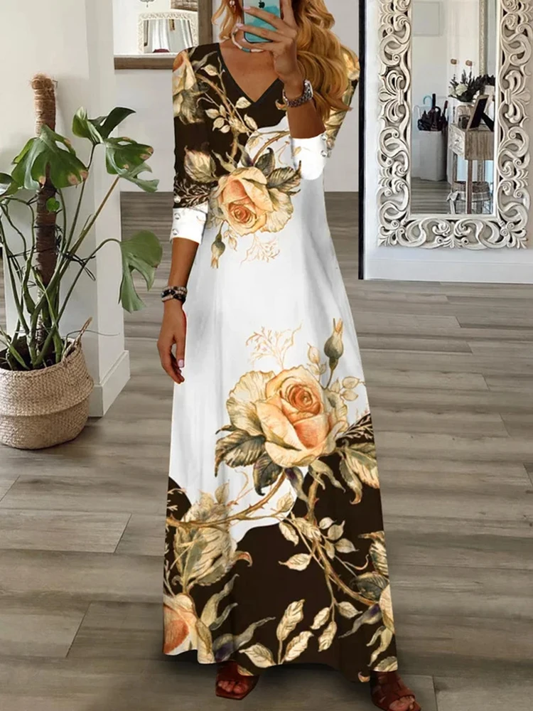 Party Dress Women Spring Summer V-Neck Long Sleeve Elegant Fashion Printing Loungewear Ladies Maxi Dress Streetwear Dropshipping