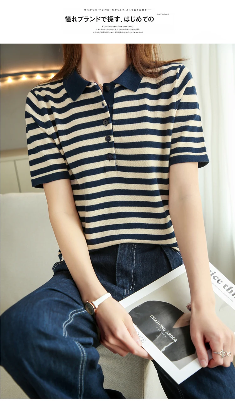 RONGYI 100% Cotton Women's Spring And Summer New Polo Neck Knitted Pullover With Stripes And Thin Short Sleeve T-Shirt Loose Top