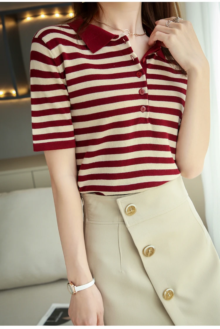 RONGYI 100% Cotton Women's Spring And Summer New Polo Neck Knitted Pullover With Stripes And Thin Short Sleeve T-Shirt Loose Top