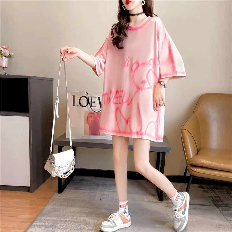 Casual Large Size T Shirt Women Loose Short-sleeved T-shirt Summer New Loose All-match Mid-length Top Womens Kawaii Clothes 2025