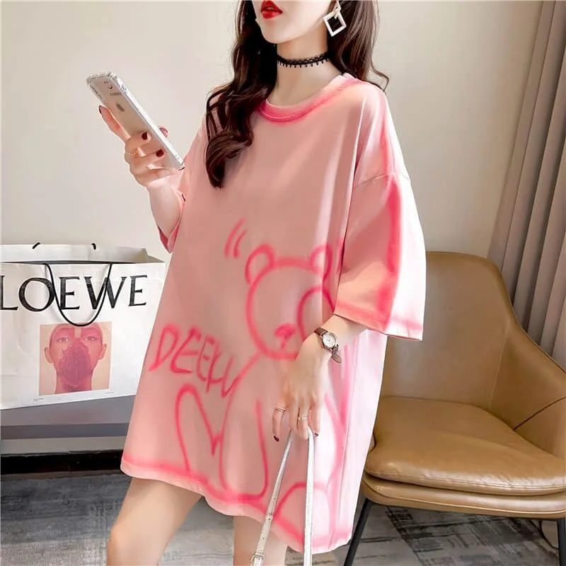 Casual Large Size T Shirt Women Loose Short-sleeved T-shirt Summer New Loose All-match Mid-length Top Womens Kawaii Clothes 2025