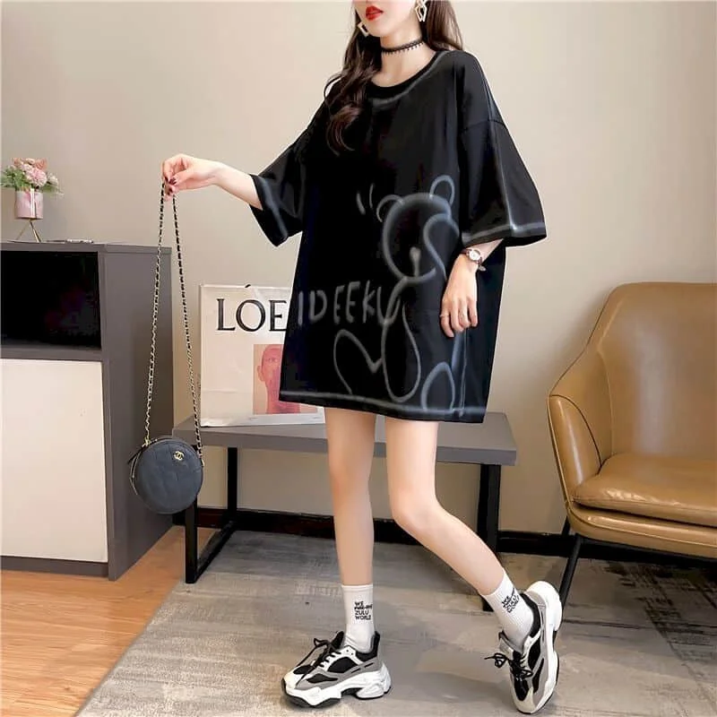 Casual Large Size T Shirt Women Loose Short-sleeved T-shirt Summer New Loose All-match Mid-length Top Womens Kawaii Clothes 2025