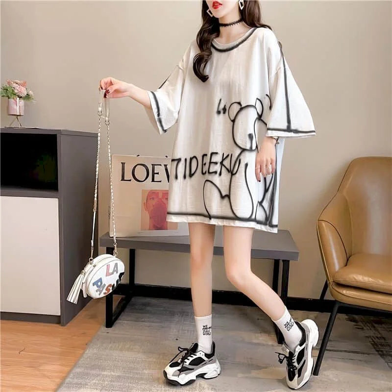 Casual Large Size T Shirt Women Loose Short-sleeved T-shirt Summer New Loose All-match Mid-length Top Womens Kawaii Clothes 2025