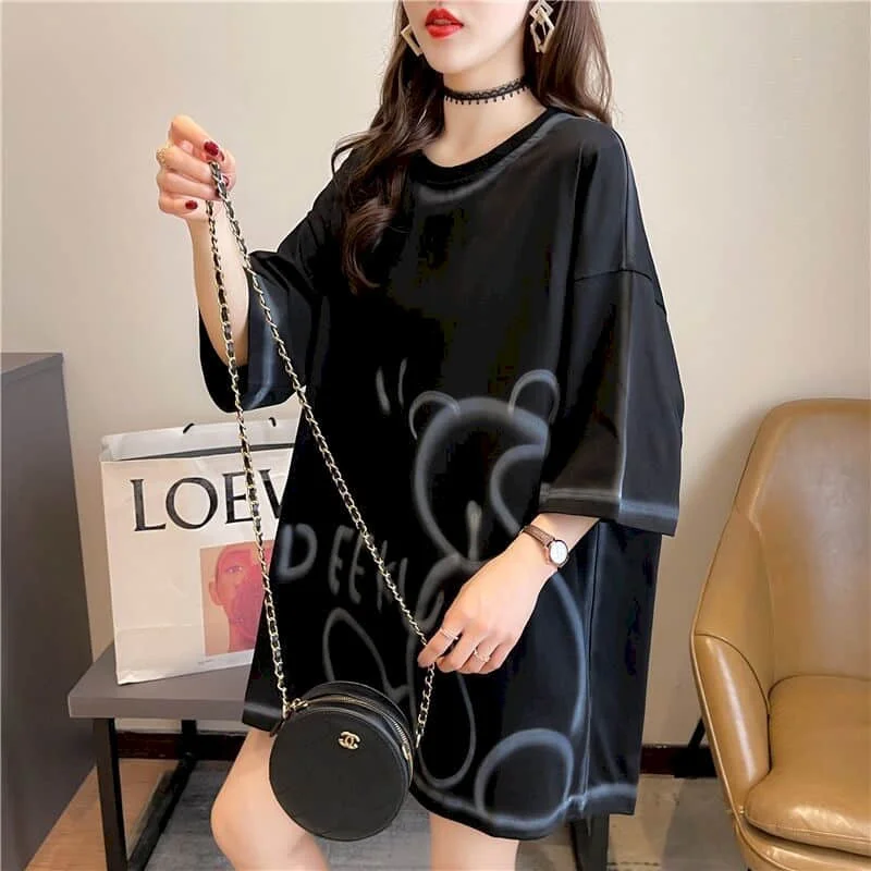 Casual Large Size T Shirt Women Loose Short-sleeved T-shirt Summer New Loose All-match Mid-length Top Womens Kawaii Clothes 2025