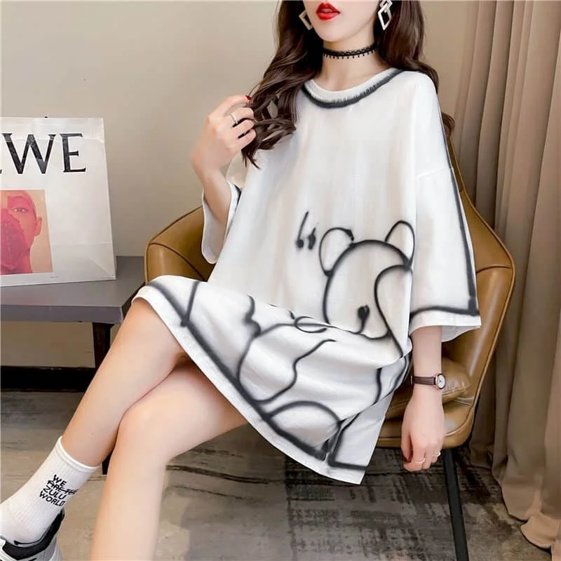 Casual Large Size T Shirt Women Loose Short-sleeved T-shirt Summer New Loose All-match Mid-length Top Womens Kawaii Clothes 2025