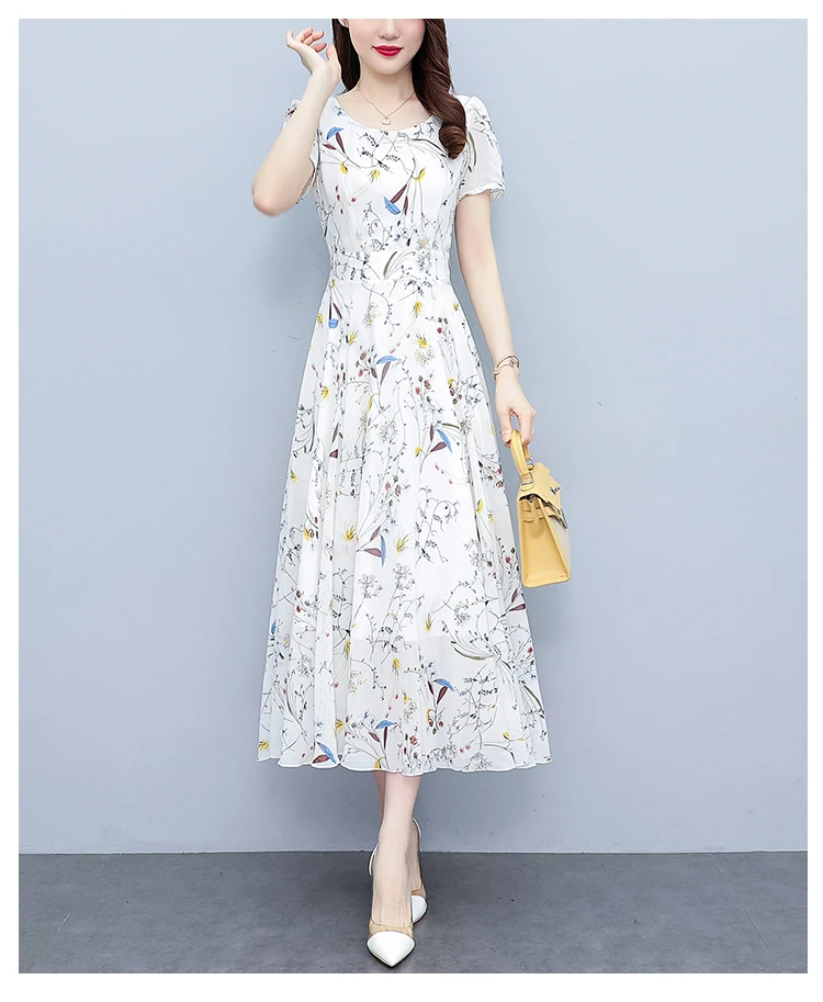 White Floral Chiffon Bodycon Office Lady Dress Summer Elegant Casual Chic Prom Long Dress 2024 Women Vintage Party Evening Dress