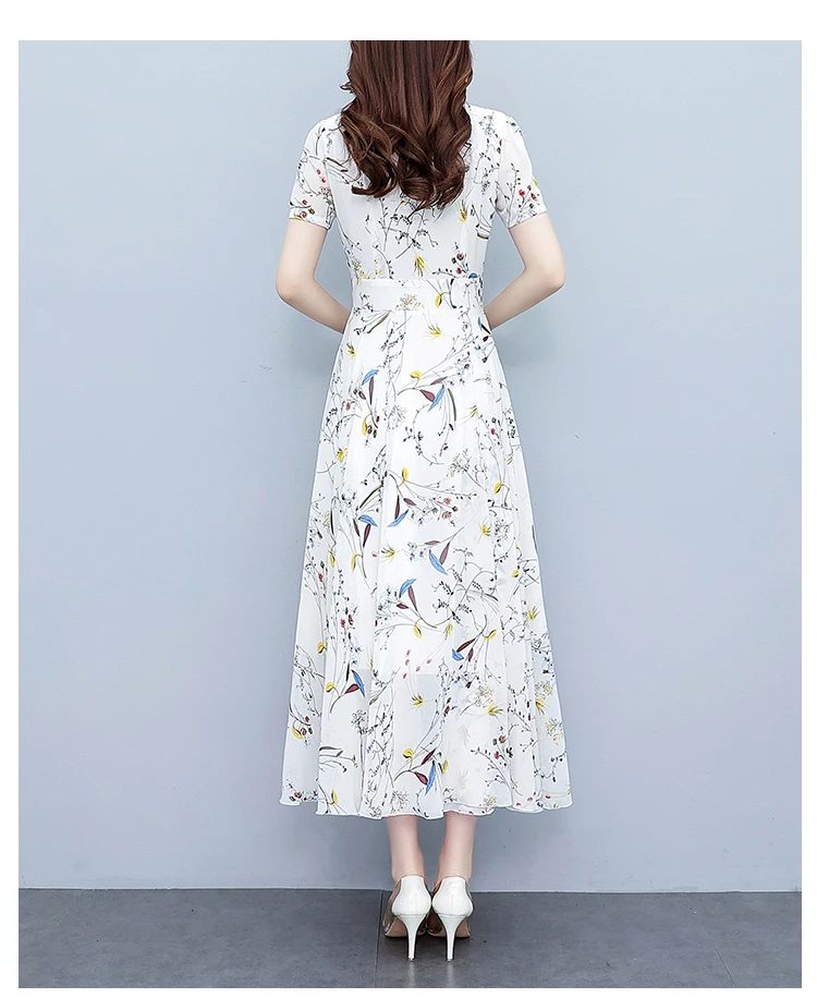 White Floral Chiffon Bodycon Office Lady Dress Summer Elegant Casual Chic Prom Long Dress 2024 Women Vintage Party Evening Dress