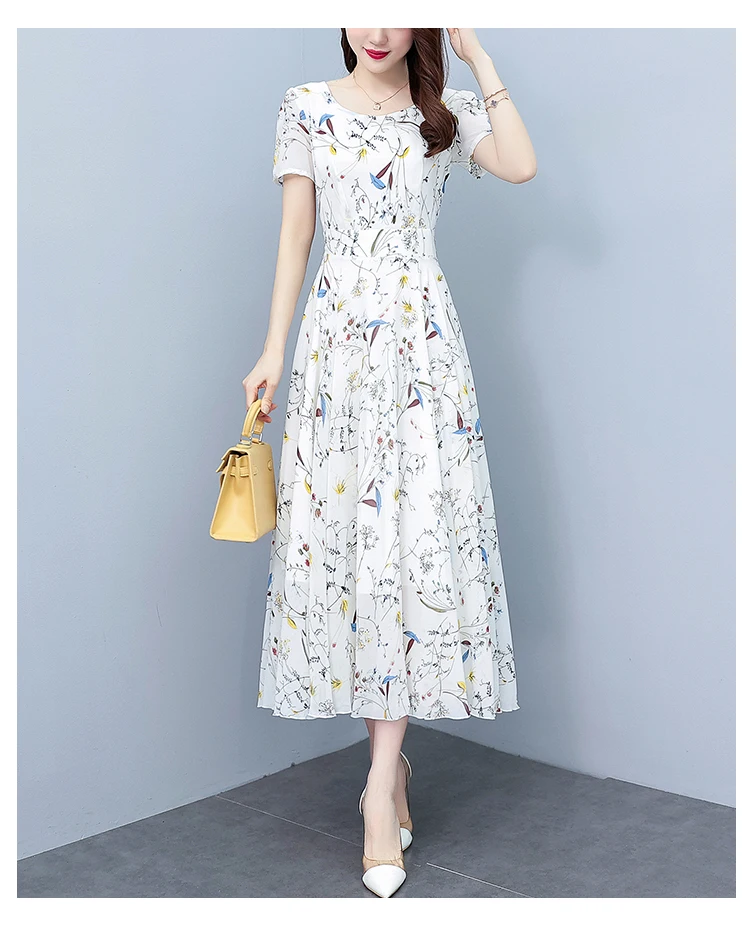 White Floral Chiffon Bodycon Office Lady Dress Summer Elegant Casual Chic Prom Long Dress 2024 Women Vintage Party Evening Dress