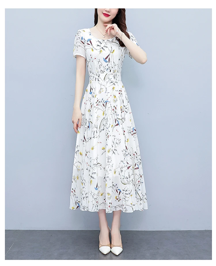 White Floral Chiffon Bodycon Office Lady Dress Summer Elegant Casual Chic Prom Long Dress 2024 Women Vintage Party Evening Dress