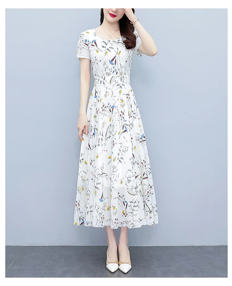 White Floral Chiffon Bodycon Office Lady Dress Summer Elegant Casual Chic Prom Long Dress 2024 Women Vintage Party Evening Dress