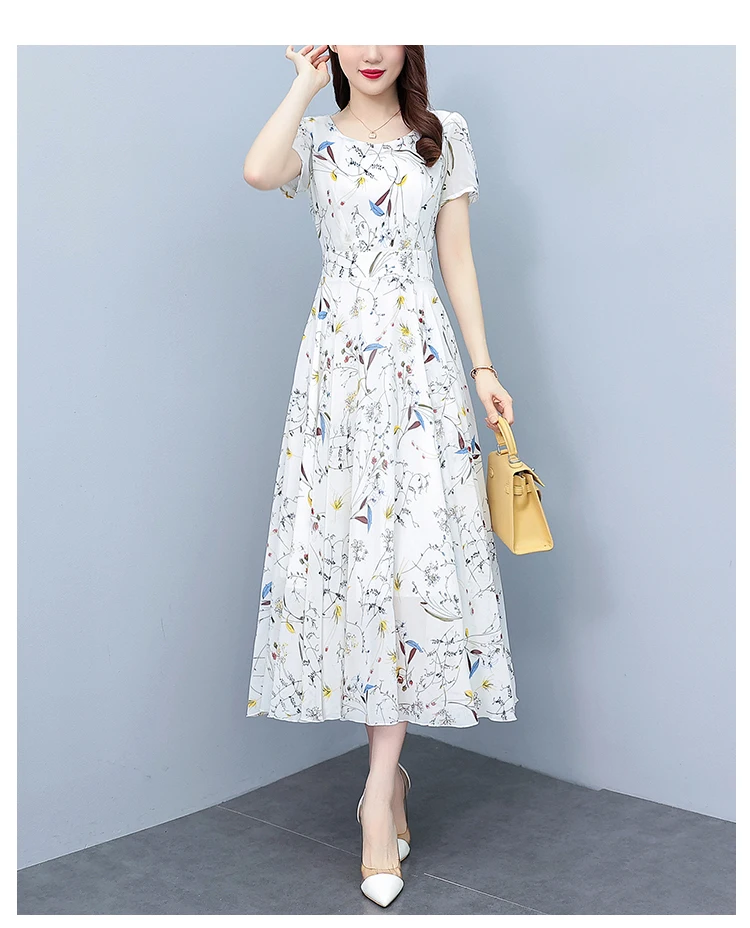 White Floral Chiffon Bodycon Office Lady Dress Summer Elegant Casual Chic Prom Long Dress 2024 Women Vintage Party Evening Dress