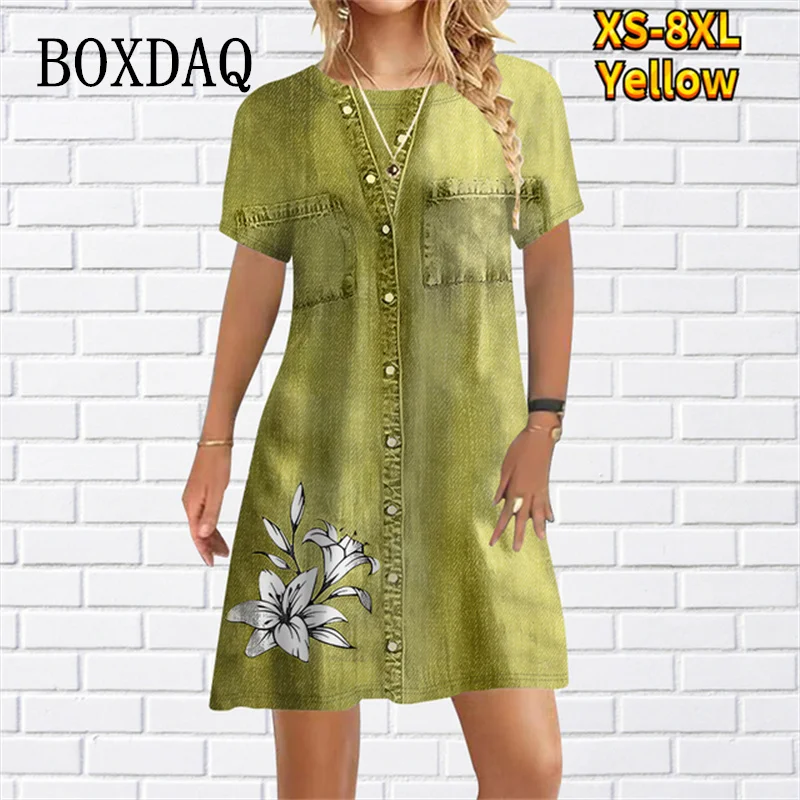 2023 New Women Dress Fashion Abstract False Two-piece Set Loose Casual Mini Dress Ladies Floral Print Summer Beach Party Dress
