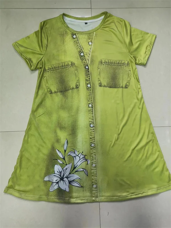 2023 New Women Dress Fashion Abstract False Two-piece Set Loose Casual Mini Dress Ladies Floral Print Summer Beach Party Dress