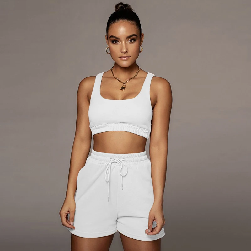 Crop Tops And Drawstring Shorts Set Sexy U-Neck Fitness Tank Top Summer Athleisure Biker Shorts Two Piece Sets Women Streetwear