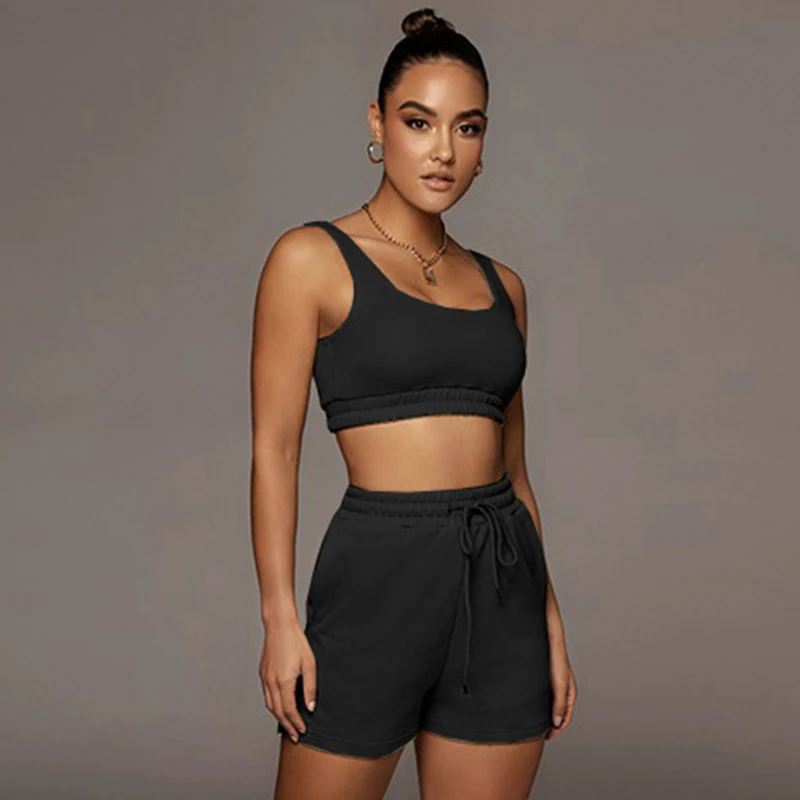 Crop Tops And Drawstring Shorts Set Sexy U-Neck Fitness Tank Top Summer Athleisure Biker Shorts Two Piece Sets Women Streetwear