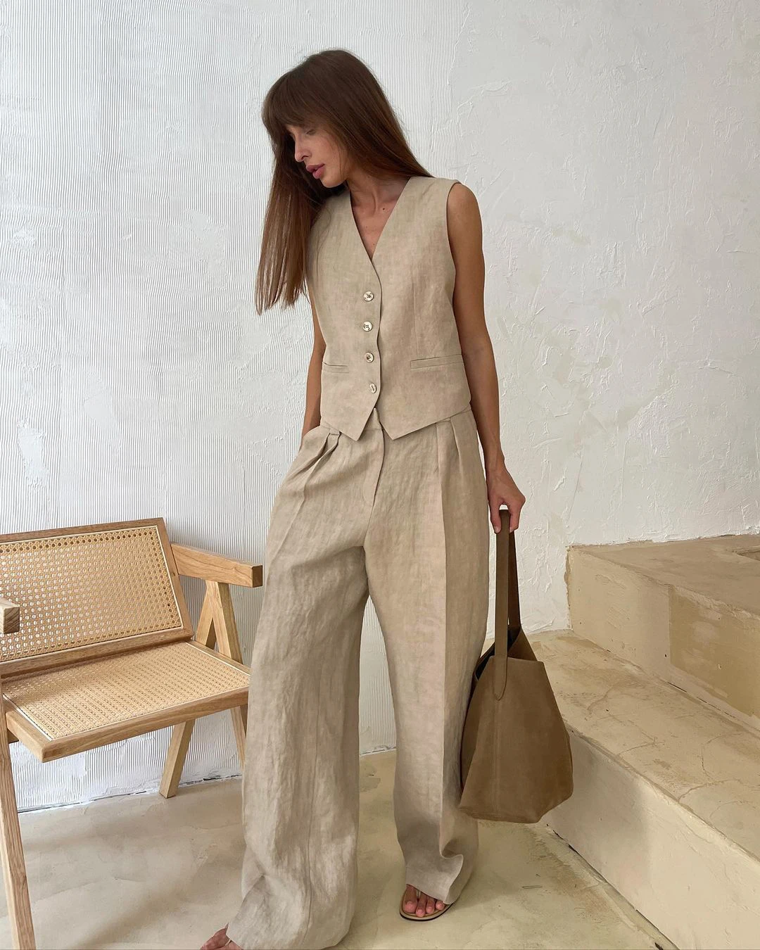 Bronladies Womem Linen Cotton Chic Vest & Pants Suit Two-Piece Set Office Ladies Summer Chic 2 Piece Sets Womens Outfits