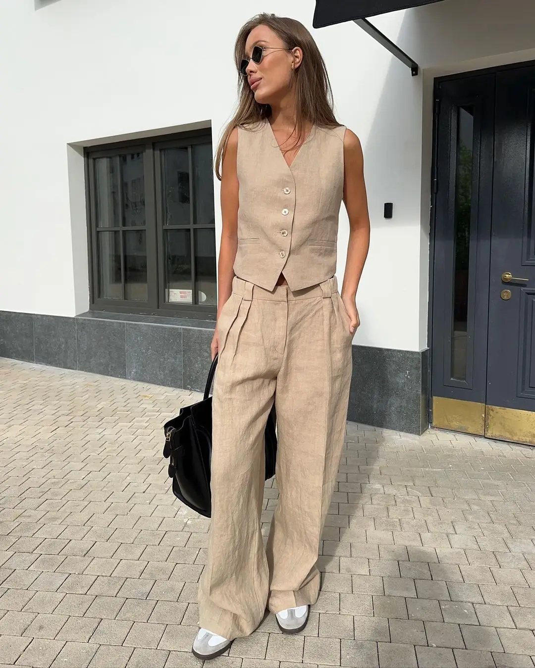 Bronladies Womem Linen Cotton Chic Vest & Pants Suit Two-Piece Set Office Ladies Summer Chic 2 Piece Sets Womens Outfits