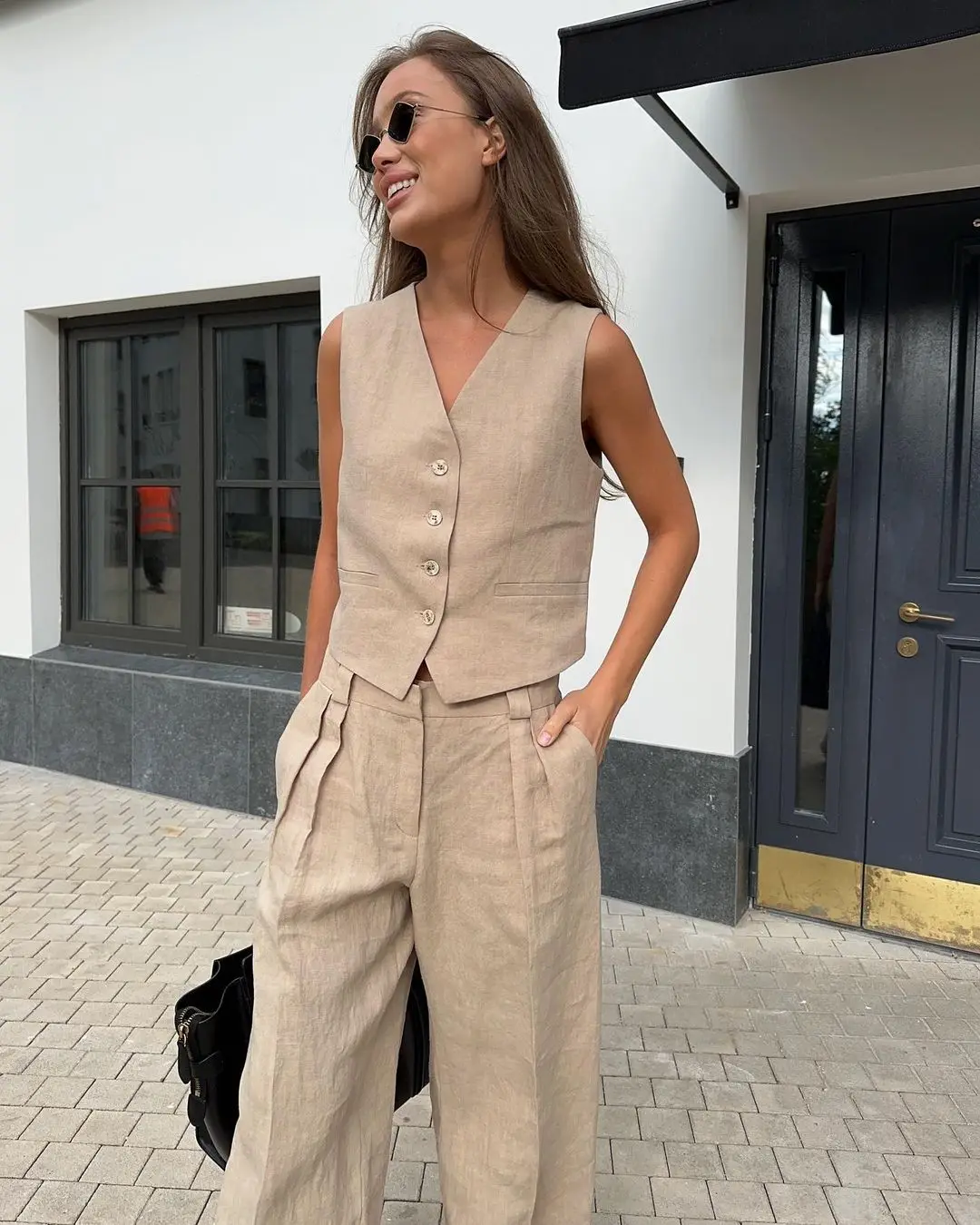 Bronladies Womem Linen Cotton Chic Vest & Pants Suit Two-Piece Set Office Ladies Summer Chic 2 Piece Sets Womens Outfits