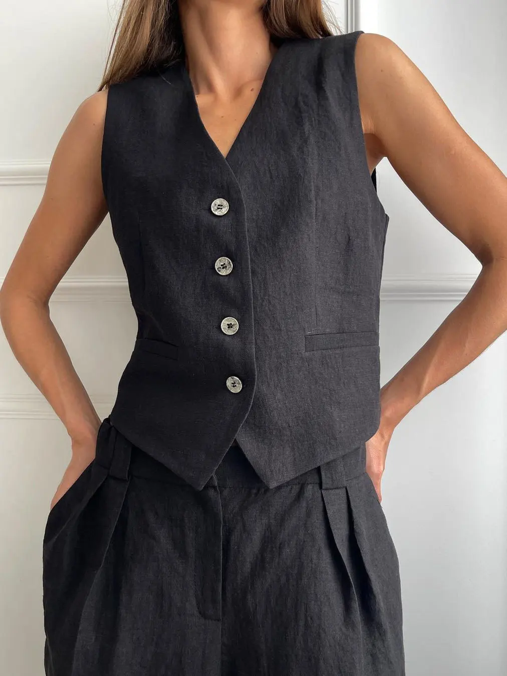 Bronladies Womem Linen Cotton Chic Vest & Pants Suit Two-Piece Set Office Ladies Summer Chic 2 Piece Sets Womens Outfits
