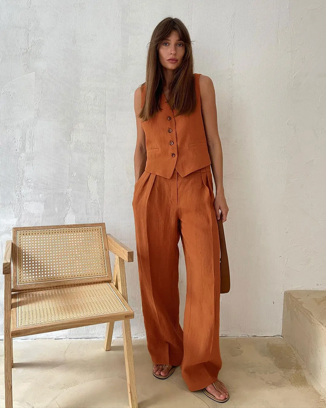 Bronladies Womem Linen Cotton Chic Vest & Pants Suit Two-Piece Set Office Ladies Summer Chic 2 Piece Sets Womens Outfits