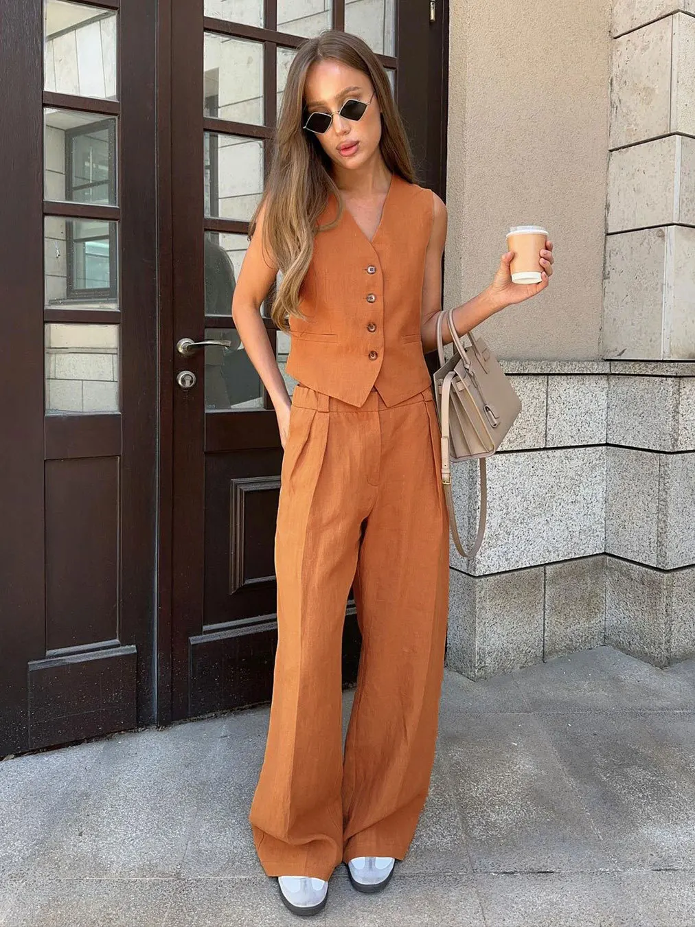 Bronladies Womem Linen Cotton Chic Vest & Pants Suit Two-Piece Set Office Ladies Summer Chic 2 Piece Sets Womens Outfits