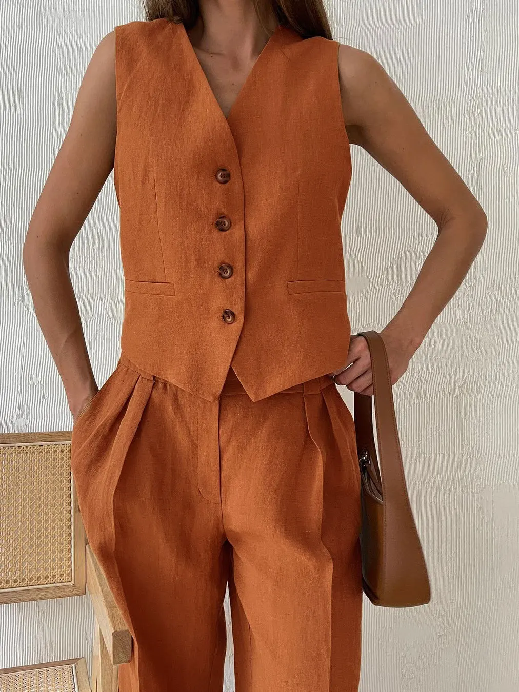 Bronladies Womem Linen Cotton Chic Vest & Pants Suit Two-Piece Set Office Ladies Summer Chic 2 Piece Sets Womens Outfits