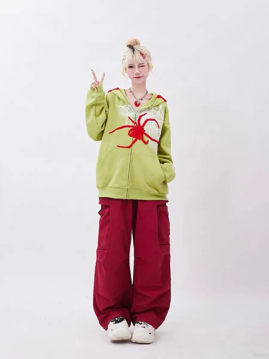 Dark Monster Horns Spiders Webs Graphic Sweatshirt Loose Overiszed Zip Up Hoodie Gothic Y2K Kawaii Clothes Harajuku Winter Coats