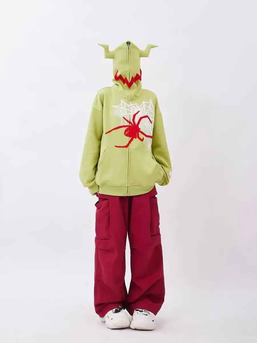 Dark Monster Horns Spiders Webs Graphic Sweatshirt Loose Overiszed Zip Up Hoodie Gothic Y2K Kawaii Clothes Harajuku Winter Coats