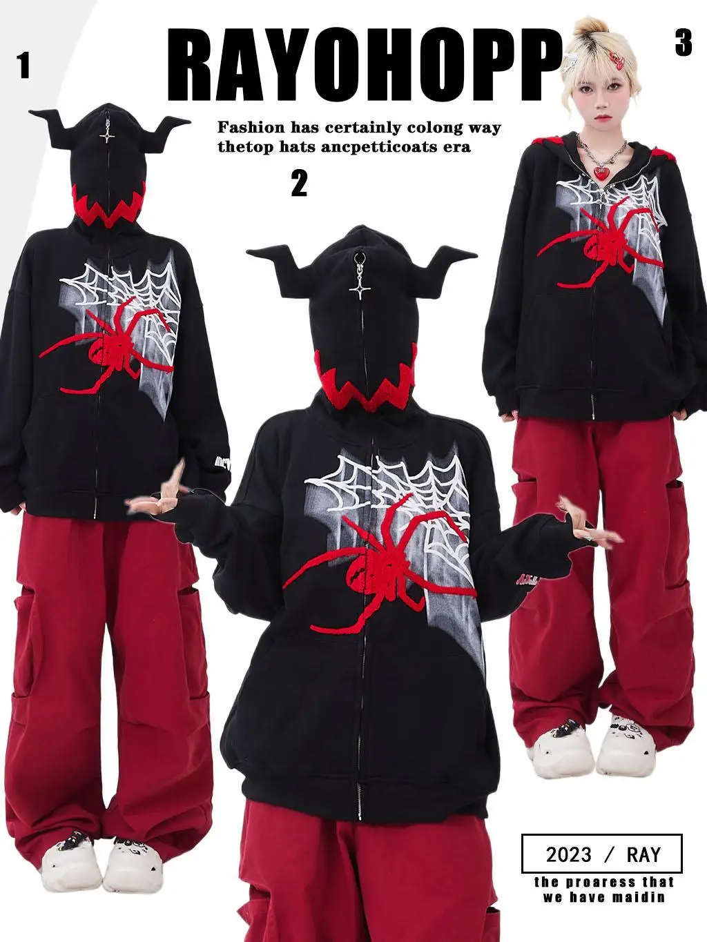 Dark Monster Horns Spiders Webs Graphic Sweatshirt Loose Overiszed Zip Up Hoodie Gothic Y2K Kawaii Clothes Harajuku Winter Coats