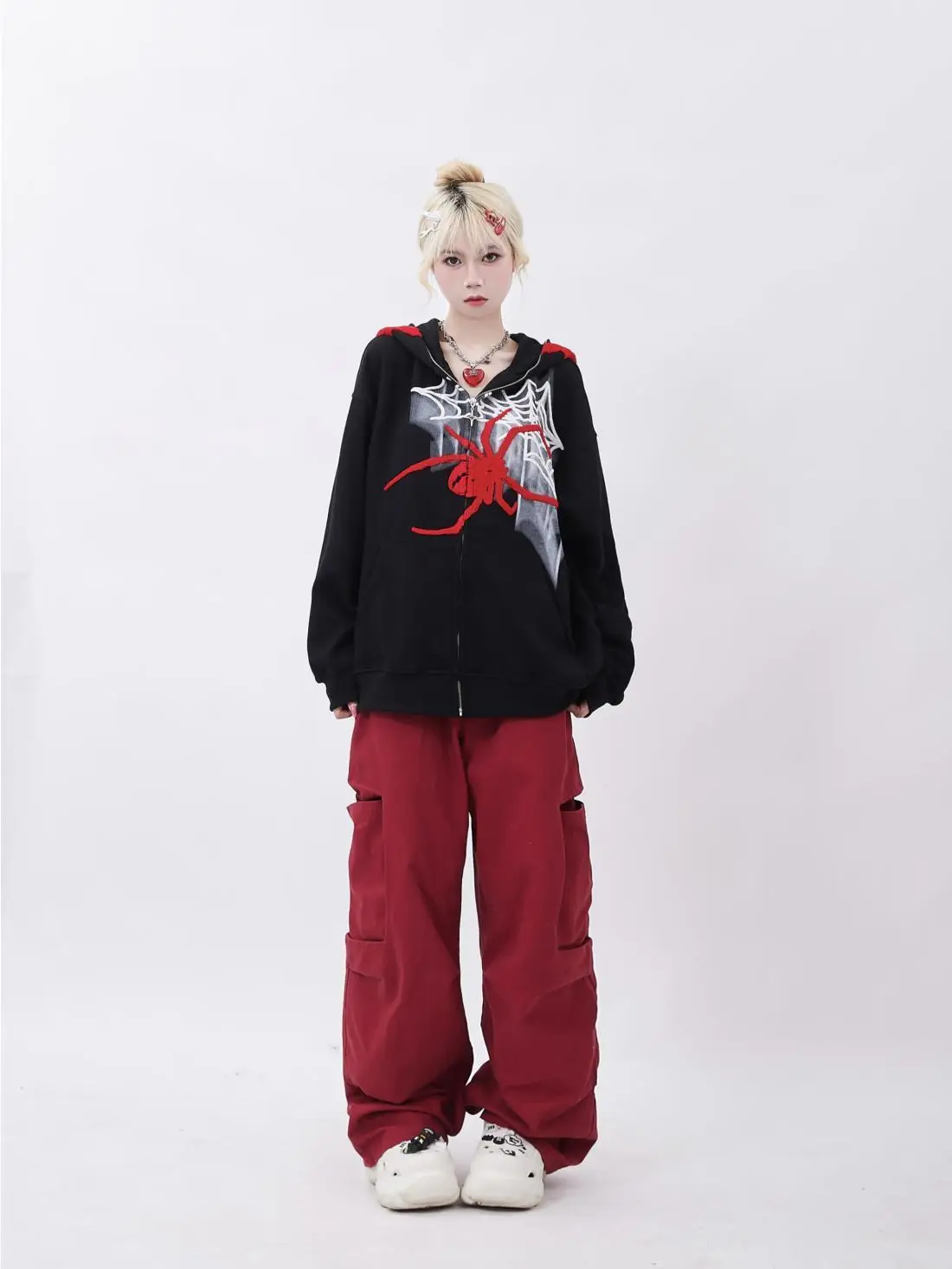 Dark Monster Horns Spiders Webs Graphic Sweatshirt Loose Overiszed Zip Up Hoodie Gothic Y2K Kawaii Clothes Harajuku Winter Coats