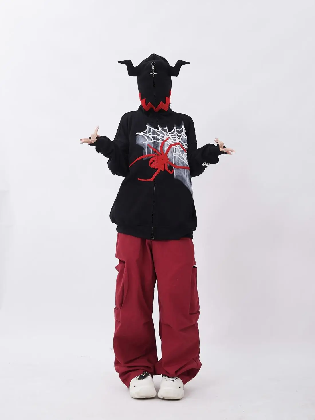 Dark Monster Horns Spiders Webs Graphic Sweatshirt Loose Overiszed Zip Up Hoodie Gothic Y2K Kawaii Clothes Harajuku Winter Coats