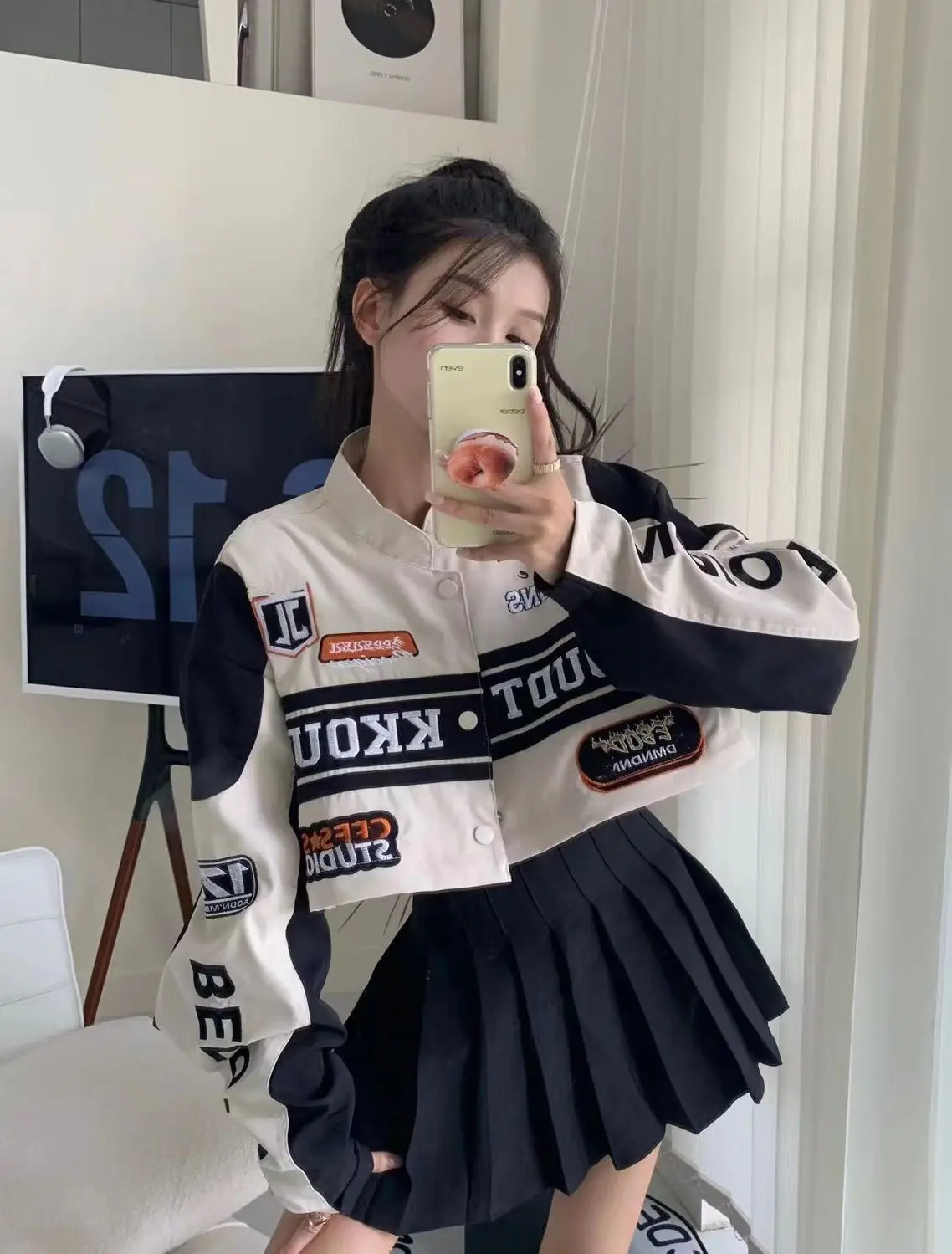 Women's Casual Short Jacket with Zippers Retro Loose Baseball Jacket for 2024 Autumn Detachable Moto Coat Embroidered Letters