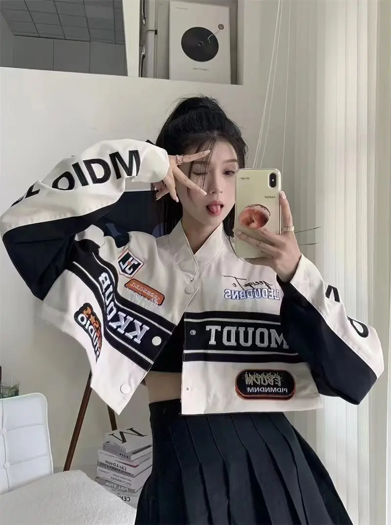 Women's Casual Short Jacket with Zippers Retro Loose Baseball Jacket for 2024 Autumn Detachable Moto Coat Embroidered Letters