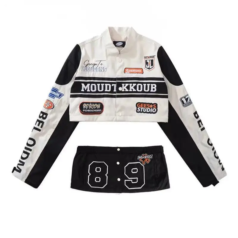 Women's Casual Short Jacket with Zippers Retro Loose Baseball Jacket for 2024 Autumn Detachable Moto Coat Embroidered Letters