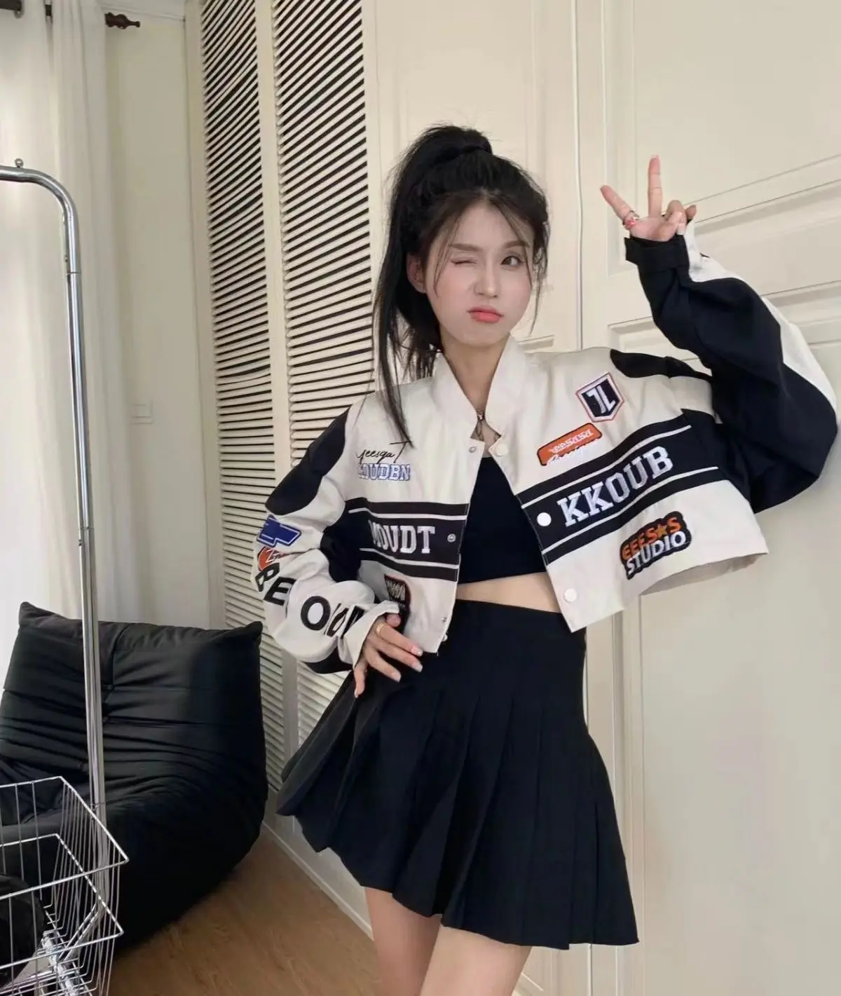 Women's Casual Short Jacket with Zippers Retro Loose Baseball Jacket for 2024 Autumn Detachable Moto Coat Embroidered Letters