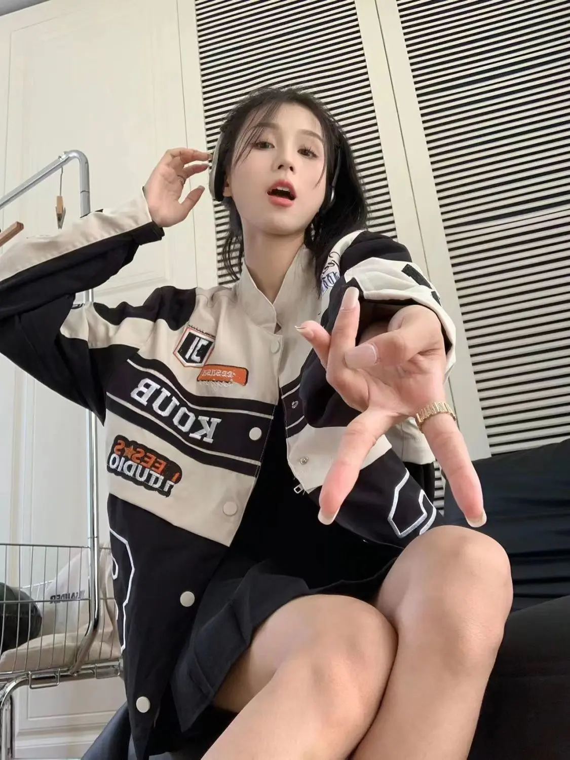 Women's Casual Short Jacket with Zippers Retro Loose Baseball Jacket for 2024 Autumn Detachable Moto Coat Embroidered Letters