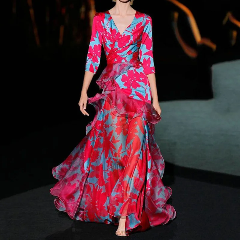 Fashion Elegant Red Floral Pattern Party Banquet Dress Women Boho Splicing Ruffle Maxi Dress Temperament Print Slim A-Line Dress
