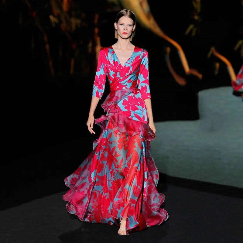 Fashion Elegant Red Floral Pattern Party Banquet Dress Women Boho Splicing Ruffle Maxi Dress Temperament Print Slim A-Line Dress