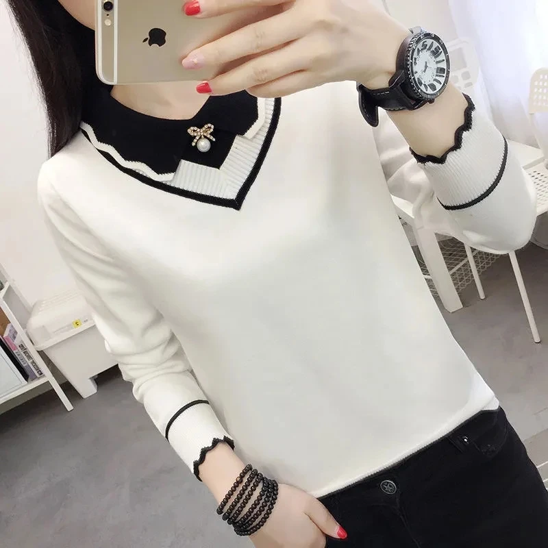 Women's Short Knit Sweater Jumper Spring Autumn New Versatile Doll Neck Long Sleeves Bottom Shirt Female Sweater Pullover Tops