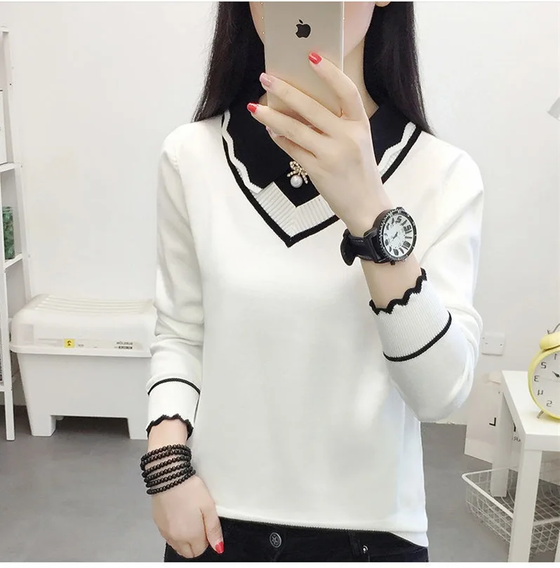 Women's Short Knit Sweater Jumper Spring Autumn New Versatile Doll Neck Long Sleeves Bottom Shirt Female Sweater Pullover Tops