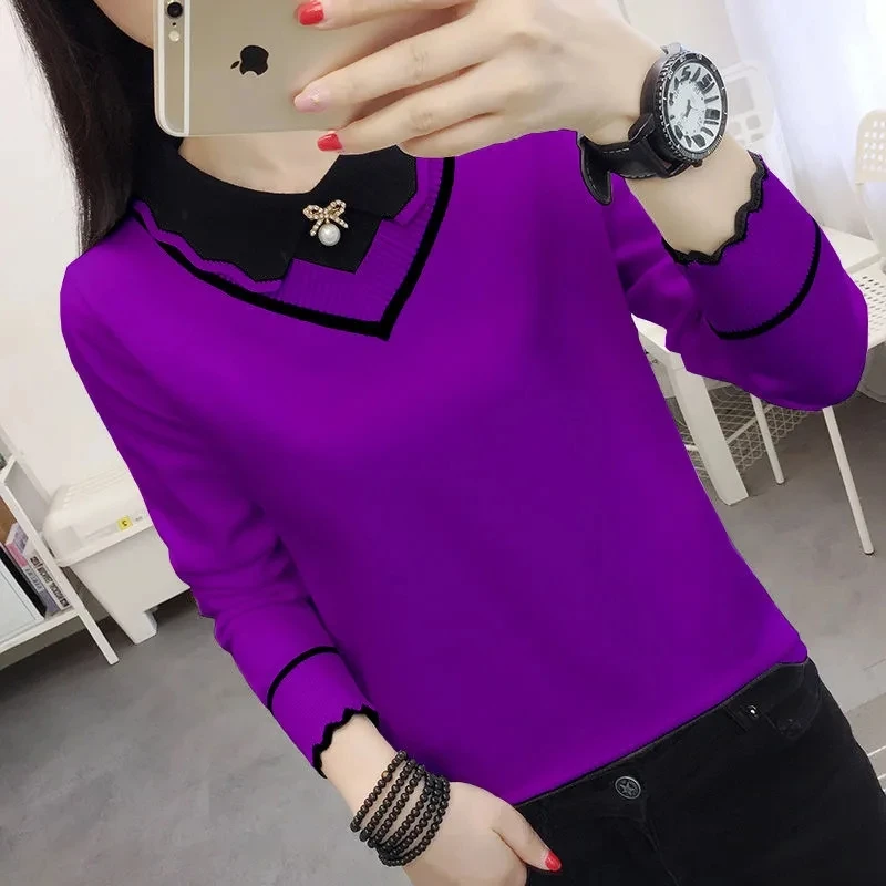 Women's Short Knit Sweater Jumper Spring Autumn New Versatile Doll Neck Long Sleeves Bottom Shirt Female Sweater Pullover Tops