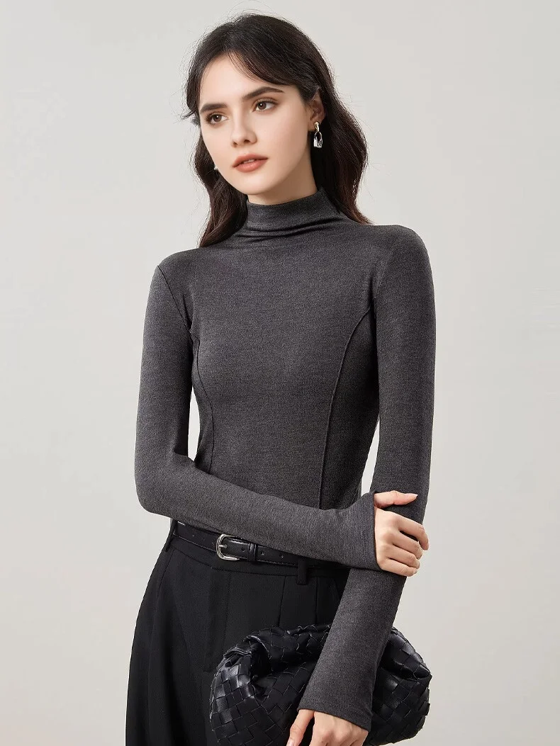 SuyaDream Women's Wool Blend Thermal T-Shirt, Mock Neck, Long Sleeved, Basic Slim Tee, Monochromatic, 2025 Fall, Winter Top
